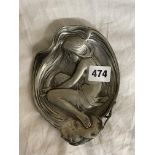 WMF JUGENDSTIL PEWTER DISH STAMPED 227 RELIEF MOULDED LILY PAD LADY TRAY