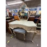 CREAM AND GILDED FRENCH STYLE SERPENTINE DRESSING TABLE AND UPHOLSTERED STOOL