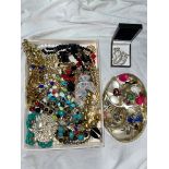 TRAY OF VARIOUS COSTUME JEWELLERY, BEADS, EARRINGS, CLIPS,