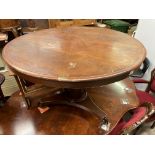 EARLY VICTORIAN MAHOGANY CIRCULAR TILT TOP BREAKFAST TABLE ON OCTAGONAL TAPERED COLUMN ON TRIFORM