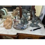 VERDI GRIS METAL WARE GEESE IN FLIGHT AN HERON FIGURE GROUPS AND CARVED AND PAINTED DUCK FIGURES