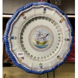 PORTUGUESE HAND PAINTED FAIENCE WALL CHARGER DEPICTING A THREE MASTED GALLEON
