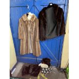 MINK THREE QUARTER LENGTH FUR COAT AND A BOLERO JACKET AND STOLES AND A VINTAGE OCTAGONAL HAT BOX