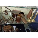 SHELF OF VINTAGE METAL WARE INCLUDING EMBOSSED ESCUTCHEONS, KNOPPED PLATES,