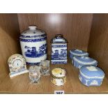 WEDGWOOD POWDER BLUE JASPERWARE TRINKET BOXES AND COVERS, RINGTONS BLUE AND WHITE WARE,