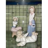 MATTE LLADRO LAYING CHERUB AND TWO NAO FIGURES "SEATED GIRL WITH PUPPY" AND "TOO CUTE"