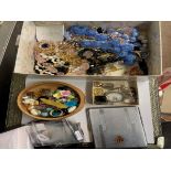SMALL BOX OF ASSORTED COSTUME JEWELLERY INCLUDING JET AND GLASS BEADS, SILVER CASED WRIST WATCH,