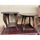 SMALL OAK CIRCULAR LAMP TABLE AND CARVED SOFT WOOD JARDINIERE STAND
