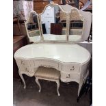 FRENCH STYLE TRIPLE MIRROR SERPENTINE DRESSING TABLE AND STOOL H- 146CM W- 125CM D- 60CM