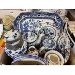 CARTON - BLUE AND WHITE TRANSFER WARE, MEAT PLATTER, CHINESE CRACKLEWARE BALUSTER JAR AND COVER A/F,