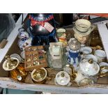 CARTON CONTAINING GILDED AND LUSTRE COFFEE SETS, CHARACTER JUGS, MINIATURE FIGURINES,