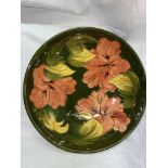 MOORCROFT POTTERY 'CORAL HIBISCUS' BOWL ON GREEN GROUND 21CM DIAMETER X 7CM H