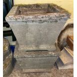 PAIR OF SQUARE TAPERED STONE WORK PLANTERS H- 35CM W- 43CM D- 43CM