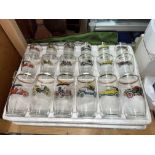 CASE OF VINTAGE GLASS TUMBLER SET WITH PRINTED VINTAGE MOTOR CARS