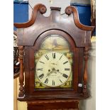 19TH CENTURY OAK MAHOGANY AND CHEVRON BANDED LONG CASE CLOCK WITH A PAINTED ARCH DIAL,