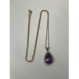 9CT GOLD PEAR SHAPED AMETHYST AND CZ CLUSTER PENDANT ON FINE TRACE CHAIN 3.