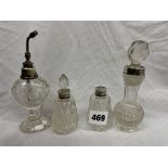 SILVER AND STERLNG SILVER MOUNTED GLASS SCENT BOTTLES AND ATOMISER