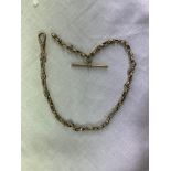 UNMARKED YELLOW METAL WATCH CHAIN WITH A 9CT STAMPED ROSE GOLD SNAP SWIVEL FASTENER