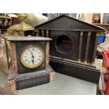 BLACK SATE AND MARBLE MANTEL TIMEPIECE AND A BLACK SLATE ARCHITECTURAL CLOCK CASE