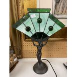 ART DECO STYLE FIGURAL BASE TABLE LAMP WITH FAN SHADE A/F 45CM H