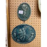 TURQUOISE GLAZED OVAL PLAQUE DEPICTING PLAYFUL CHERUBS A/F AND ONE OTHER 20CM X 17CM AND 10CM X