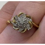 9CT GOLD DIAMOND CHIP SWIRL CLUSTER RING SIZE O