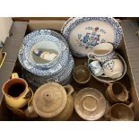 STUDIO POTTERY COFFEE SERVICE, SMALL STAFFORDSHIRE FIGURE GROUP, BLUE AND WHITE PLATES,