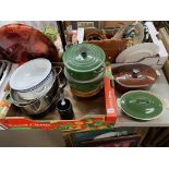 THREE LE CREUSET GREEN AND LAVEC ENAMEL PANS AND LIDS,