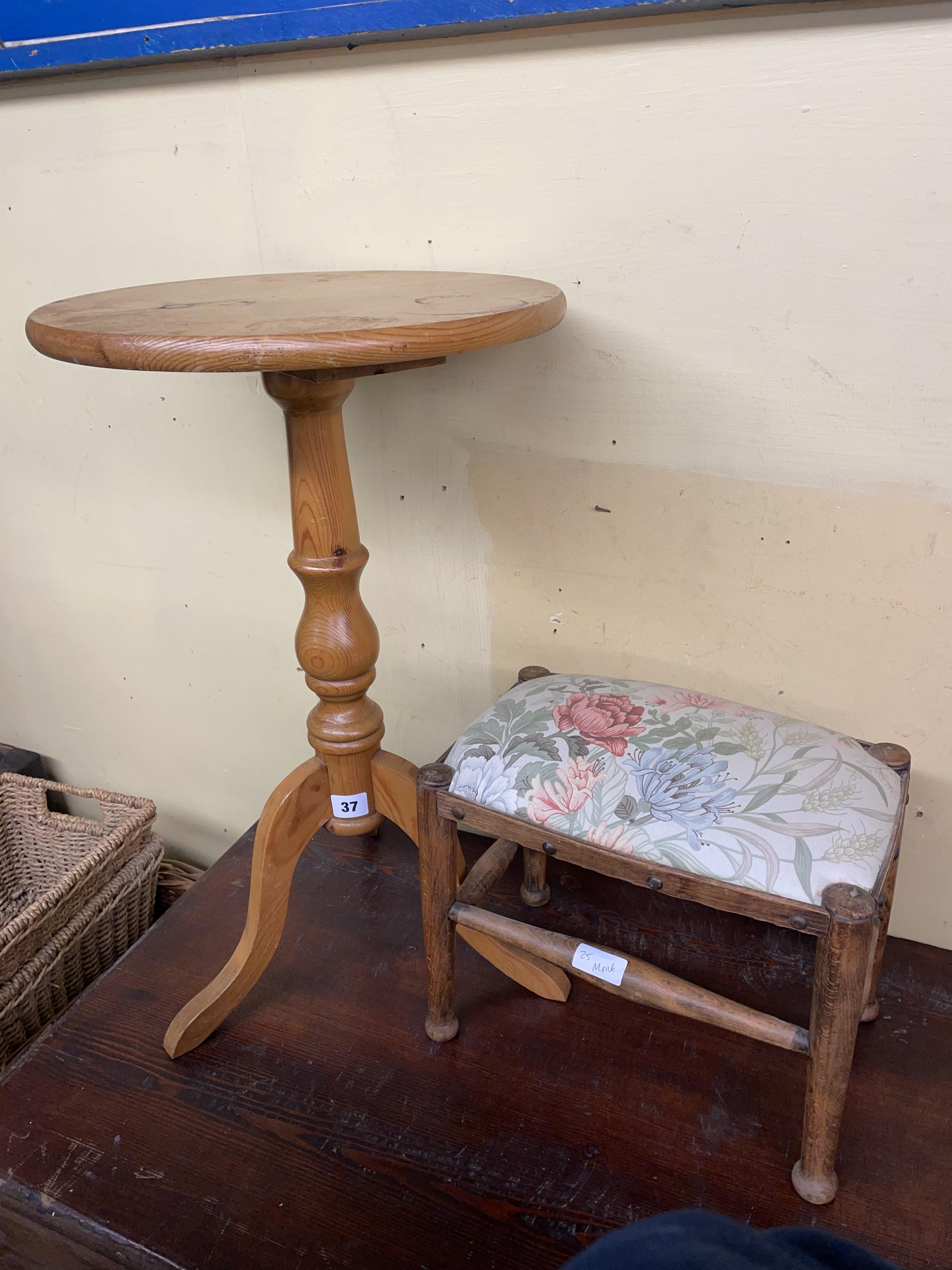 SMALL PINE TRIPOD WINE TABLE AND BEECH STOOL