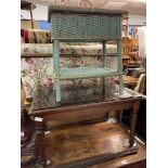 VICTORIAN MAHOGANY LUGGAGE STAND NOW WITH GLASS TOP AND A BLUE RATTAN NEEDLE WORK TABLE