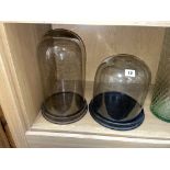TWO GLASS DOMES AND COVERS ON WOODEN BASES H-32CM