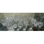 SHELF OF CUT GLASSWARES INCLUDING TUMBLERS, LARGE WINE GLASSES,