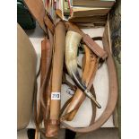 LEATHER ARCHERS QUIVER AND VARIOUS ARROWS, BOOKS ON ARCHERY,