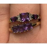 TWO 9CT GOLD THREE STONE AMETHYST RINGS SIZE O, 3.