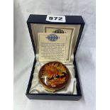 LIMITED EDITION MOORCROFT POTTERY 'SUNFLOWER' ENAMEL TRINKET BOX 27/100 WITH CERTIFICATE SIGNED BY