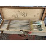 WOODEN CARRY CASE CONTAINING SUPER 60 AND VARIOUS FIREFLY METAL ARCHERY ARROWS