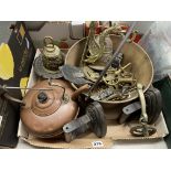 TWO FLAT IRONS, BRASS PRESERVE PAN, COPPER KETTLE, HORSES TACK,