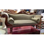 EARLY VICTORIAN MAHOGANY SCROLL BACKED UPHOLSTERED SOFA WITH BOLSTER CUSHIONS H- 96CM W- 190CM D-