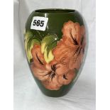 MOORCROFT POTTERY 'CORAL HIBISCUS' OVOID VASE ON GREEN GROUND 18CM H