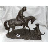 RESIN MOULDED BRONZED FIGURE GROUP "HITCHING A RIDE" BY DAVID GEENTY (SIGNED) - DOG'S TAIL A/F