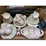 CARTON - AYNSLEY WILD TUDOR PATTERNED TEACUPS AND SAUCERS, COLCLOUGH WAYSIDE TEACUPS AND SAUCERS,