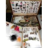 WOODEN CASE OF WET AND DRY FLIES AND FLY TYING MATERIAL, YARNS, WHIPPINGS,