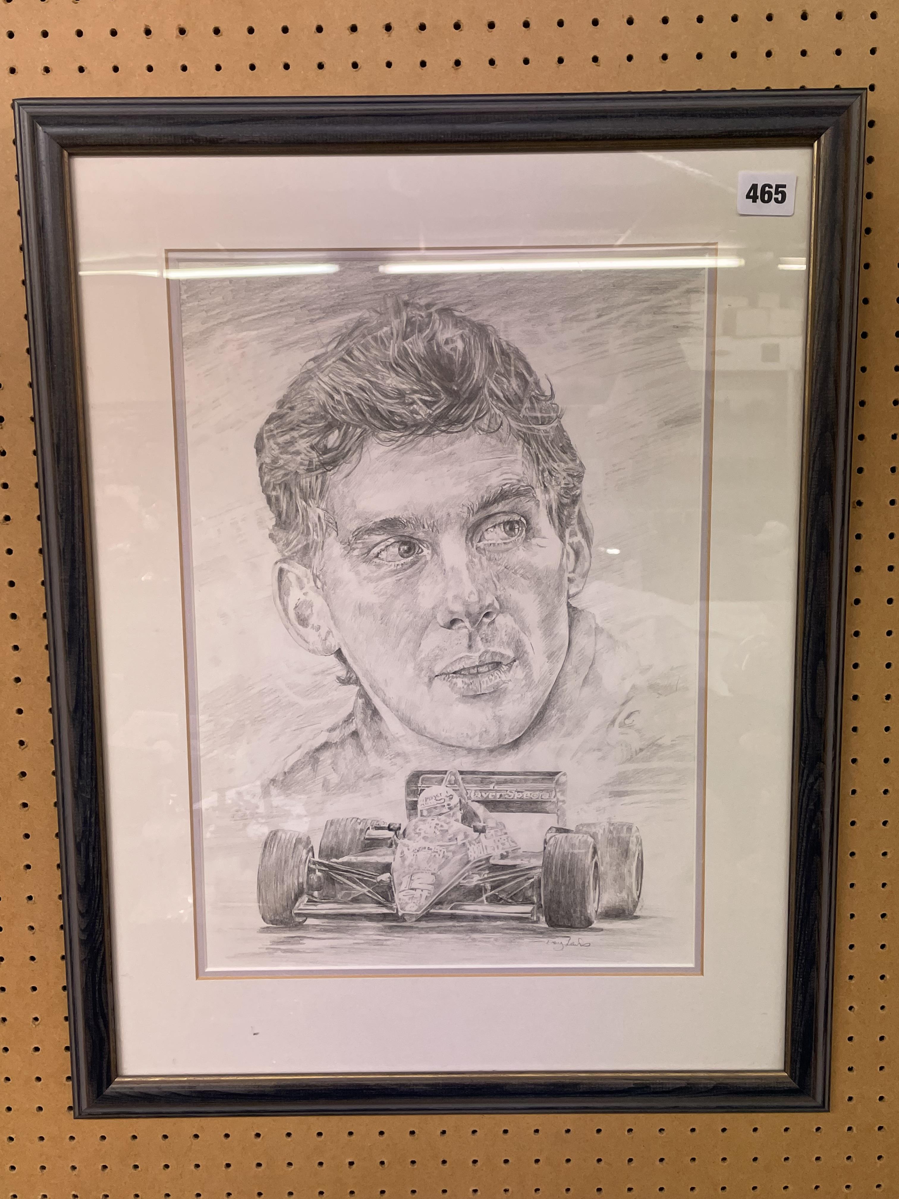 ORIGINAL DRAWING OF AYRTON SENNA, SIGNED.