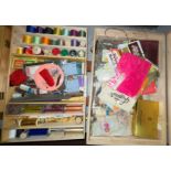 LARGE WOODEN BOX CONTAINING FLY TYING MATERIALS, PAINTS, WHIPPINGS,