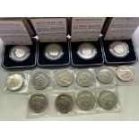 NINE CHARLES AND DIANA COMMEMORATIVE CROWNS AND FOUR CASED SILVER PROOF COINS