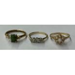 THREE 9CT GOLD DRESS RINGS, ONE PEARL CLUSTER, ONE JADE CABOCHON SIZES N,P, AND R 5.