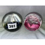 CAITHNESS PINK AND OPAQUE PAPERWEIGHT AND A CAITHNESS ETCHED MOON/STARS PAPERWEIGHT