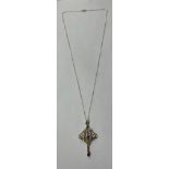 9CT ART NOUVEAU AMETHYST AND SEED PEARL PENDANT ON TRACE CHAIN 3G APPROX