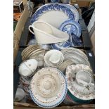 TWO CARTONS CONTAINING BLUE AND WHITE TRANSFER PRINTED WARE, PLATTERS, TUREEN AND COVER,