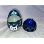 MDINA GLASS EGG WEIGHT AND A WEBB COBALT BLUE DIMPLED PAPERWEIGHT